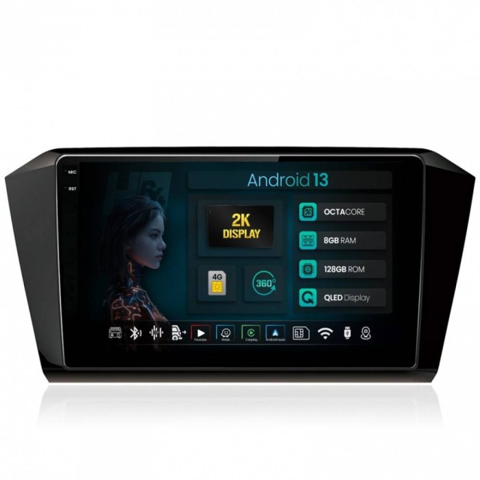 Navigatie 2K Volkswagen Passat B8 8GB RAM Android 13 Octacore Slot Sim 4G DSP GPS Wi-FI Carplay Android Auto USB Bluetooth Waze Touchscreen 10.36 Inch