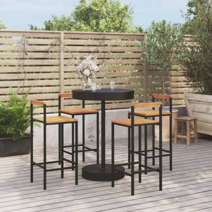 Gossi set bar pentru gradina, 5 piese, negru, poliratan/lemn acacia