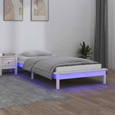vidaXL Cadru de pat cu LED Single 3FT, alb, 90x190 cm, lemn masiv foto