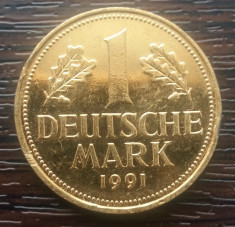 (M2145) MONEDA GERMANIA - 1 MARK 1991, LIT. G, PLACATA CU AUR foto