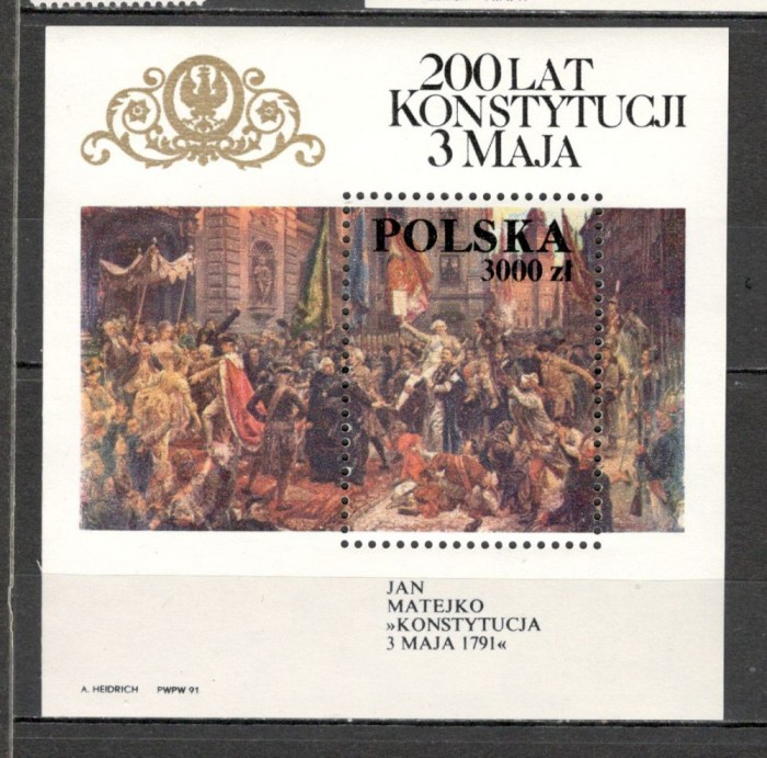 Polonia.1991 200 ani Constitutia din 3 Mai:Pictura-Bl. MP.249