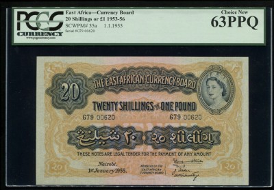 y461 AFRICA DE EST 20 SHILLINGS ONE POUND 1955 GRADAT PCGS 63PPQ NECIRCULATA UNC foto