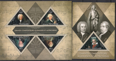 Togo 2013 - Muzica - MARI COMPOZITORI - BACH,HAYDN,MOZART - BL + KB - MNH foto