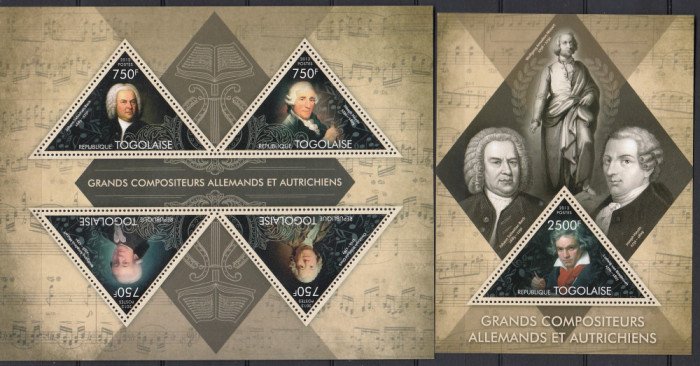 Togo 2013 - Muzica - MARI COMPOZITORI - BACH,HAYDN,MOZART - BL + KB - MNH