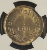 Moneda Romania 1 leu 1924 NGC MS65 Bruxelles