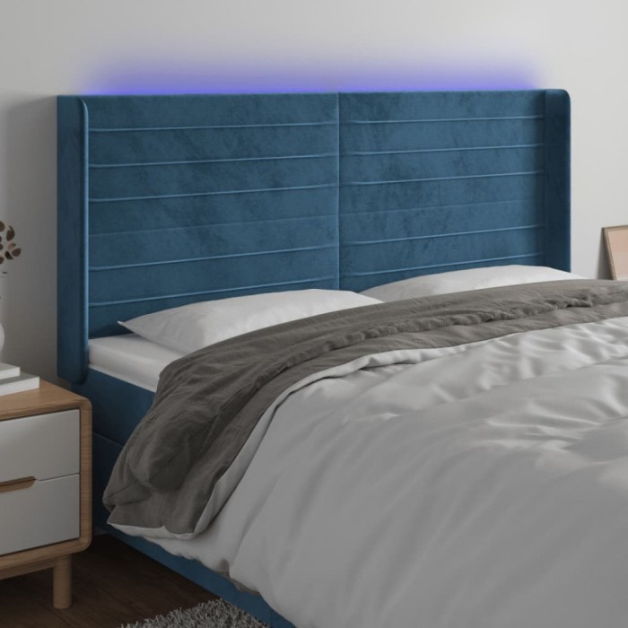 vidaXL Tăblie de pat cu LED, albastru &icirc;nchis, 183x16x118/128cm catifea 3124252