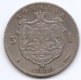 Romania 5 Lei 1880 - Carol I, Kullrich pe cerc, Argint 25 g/835, 37 mm, KM-12