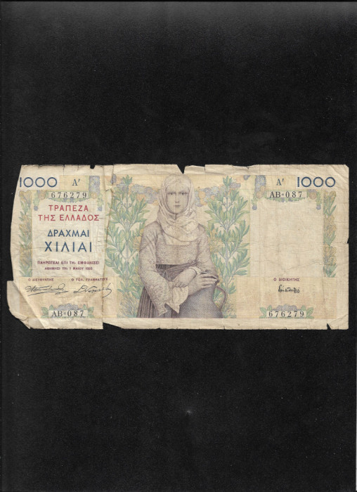 Grecia 1000 drahme drachmai 1935 seria676279 uzata rupta