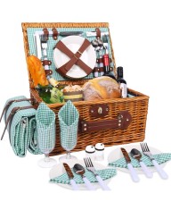 Cos picnic handmade din rachita, Willow Weave GC-02, 4 persoane, compartiment termoizolant, patura impermeabila inclusa, set tacamuri complet, curea