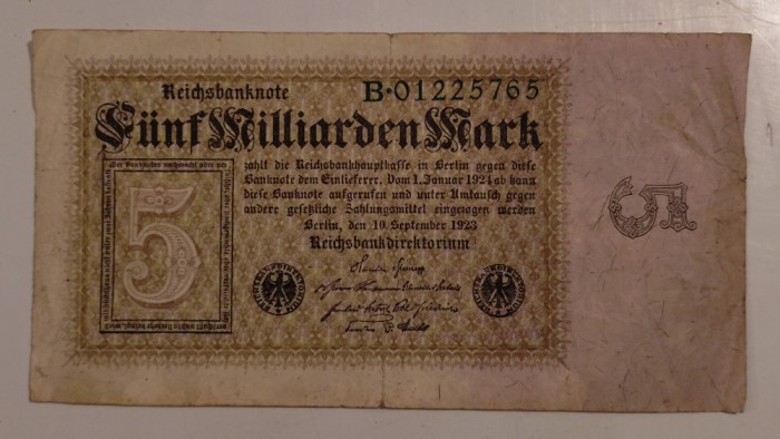 Bancnota Germania - 5 Miliarde Mark 1923 - Rara