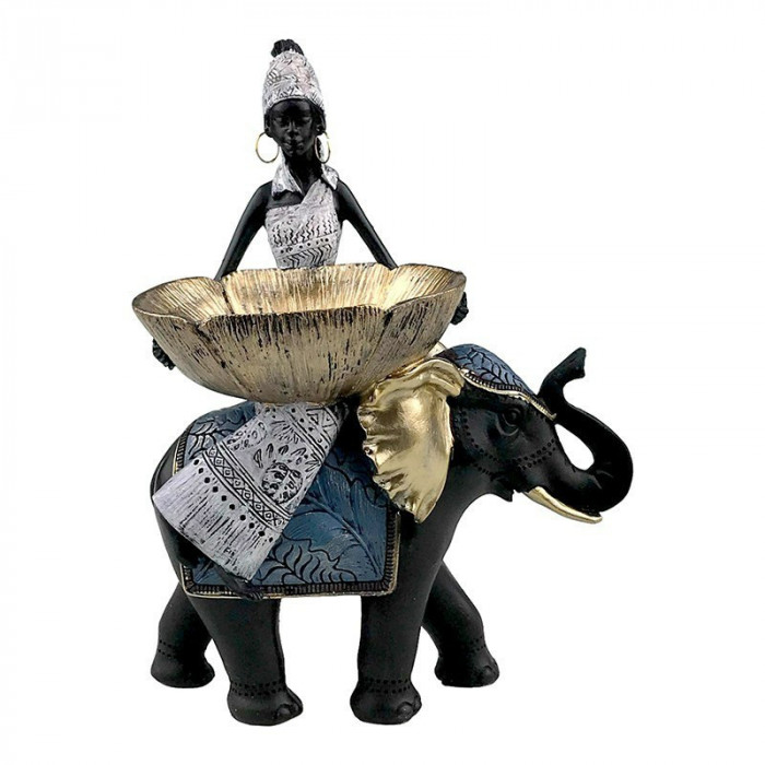 Statueta decorativa, Elefant din rasina cu negresa si cos, 26 cm, 1738H