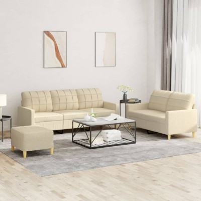 vidaXL Set de canapele cu perne, 3 piese, crem, textil foto