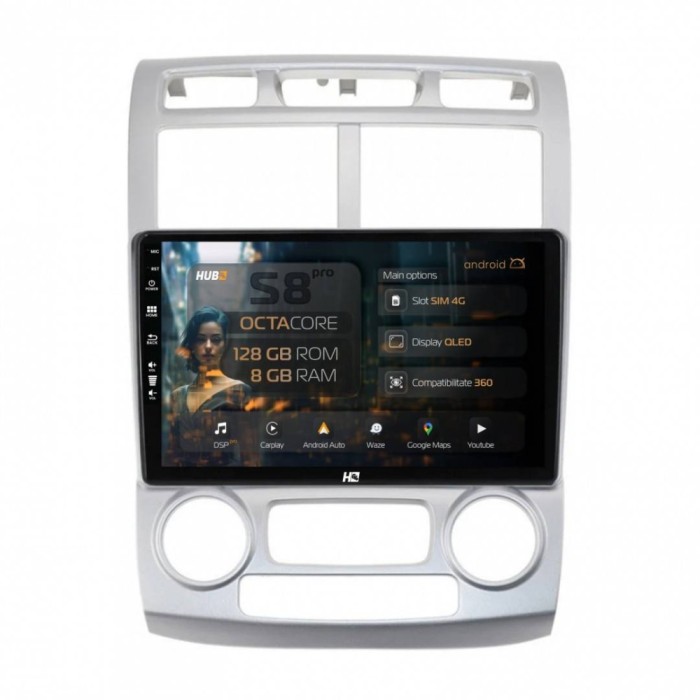 Navigatie Kia Sportage (2005-2010) M AC 8GB RAM Android 13 Octacore Slot Sim 4G DSP GPS Wi-FI Carplay Android Auto USB Bluetooth Waze Touchscreen 9 In