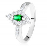 Inel argint 925, romb cu un ochi verde &icirc;nchis şi contur transparent - Marime inel: 59