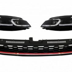 Grila Centrala cu Faruri LED Semnal Dinamic VW Golf 7.5 VII Facelift (2017+) GTI Look Rosu/Crom Performance AutoTuning