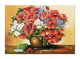 Cumpara ieftin Tablou pictat manual, Vaza cu maci imperiali, margarete, albastrele si carte, 70x50cm ulei pe panza