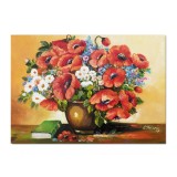Tablou pictat manual, Vaza cu maci imperiali, margarete, albastrele si carte, 70x50cm ulei pe panza