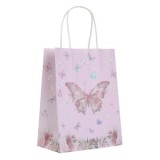 Sacouă cadou din h&acirc;rtie kraft roz cu model fluture și glitter, 18x10x23 cm, CMCLASS
