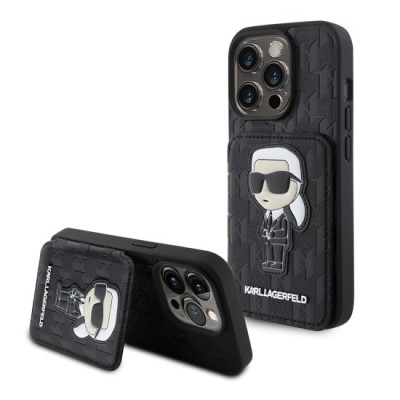 Husa pentru iPhone 15 Pro - Karl Lagerfeld Saffiano Cardslots and Stand (KLHCP15LSAKKNSCK) - Monogram Ikonik foto