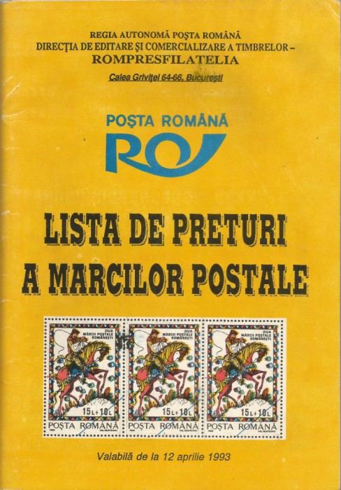 Rom&acirc;nia, Lista de preţuri a mărcilor poştale, 1993