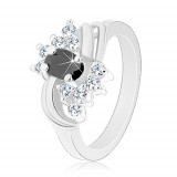 Inel cu braţe argintii cu arcade netede, lucioase, zirconiu negru şi zirconii transparente - Marime inel: 55