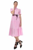 Rochie Midi Roz Tip Cămașă T&#039;esha, M&acirc;necă Scurtă, Bumbac, Cordon Dantelă Neagră, Fabricată Rom&acirc;nia