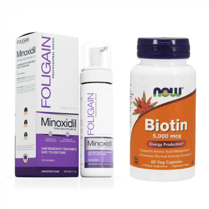 Spuma - Minoxidil Foligain 2%, 3 Luni Aplicare, Now Biotin 5000 mcg, 60 capsule, Tratament Impotriva Caderii Parului La Femei