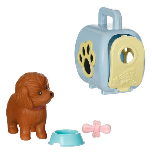 Cusca cu catel maro, os si castron din plastic, multicolor