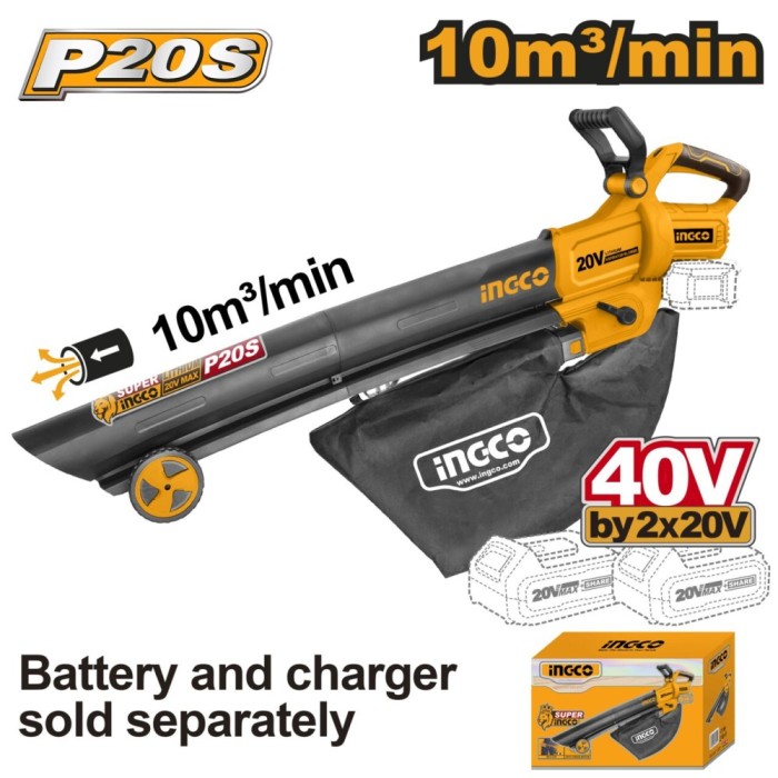 Suflanta si aspirator electric frunze cu sac 40 v x2 20 v, fara acumulator - Ingco CABLI2003