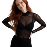 Cumpara ieftin Bluza Tip Maleta Slim Fit din Tull Elastic cu Buline și Detalii de Dantelă - Negru - L