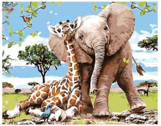 Set pictura pe numere Elefant si girafa 1105, panza bumbac pe rama lemn, 40x50, tablou cu schita, 3 pensule si vopsea acrilica foto