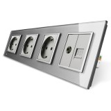 Priza cvadrupla - 3 x priza simpla + 1 x priza TV / internet Livolo VL-C7-C4EU/VC-15, incastrat, contact de protectie, rama din sticla inclusa, gri