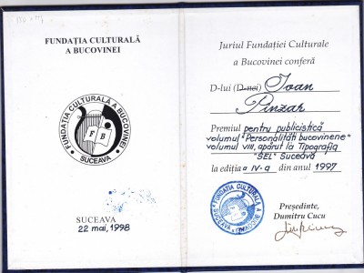 AMS @ - DIPLOMĂ PREMIUL PENTRU PUBLICISTICĂ &amp;bdquo;PERSONALITĂȚI BUCOVINENE&amp;rdquo; PENTRU SCRIITORUL IOAN P&amp;Icirc;NZAR, FUNDAȚIA CULTURALĂ A BUCOVINEI, 1997 foto