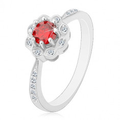 Inel din argint 925 placat cu rodiu, floare lucioasă cu zirconiu roşu-portocaliu - Marime inel: 61