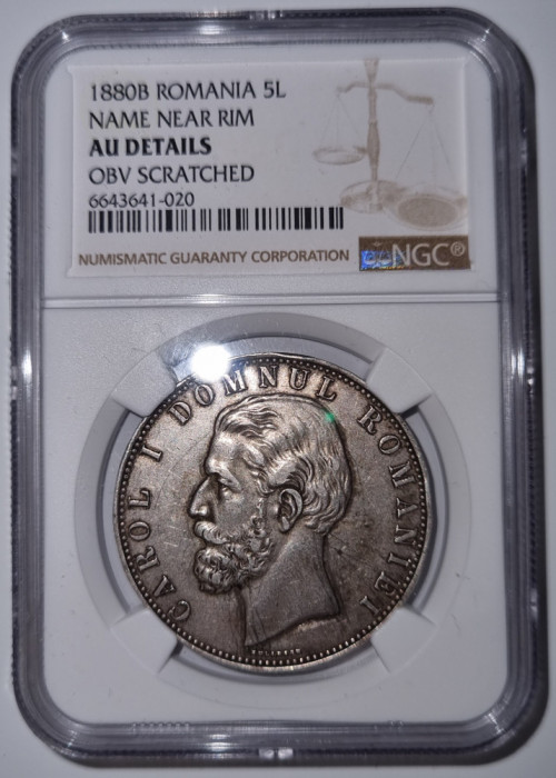 ROMANIA 5 LEI 1880 NGC AU DETAILS