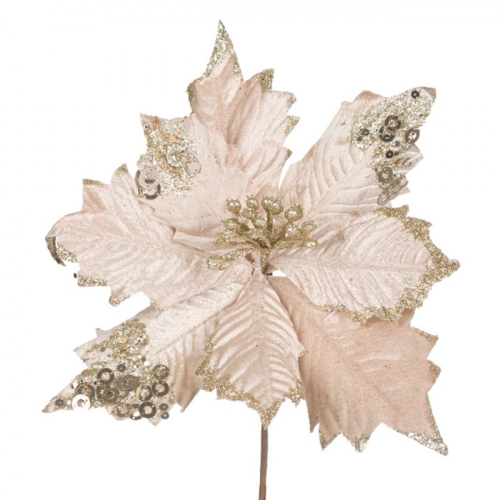 Floare Decorativă Crăciuniță, Auriu, Petale Catifelate, Paiete, Tulpină Scurtă, Poliester