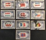 SUA 1943&ndash;1944 - Set de 10 Timbre Comemorative &bdquo;Seria Țărilor Ocupate / Steaguri Naționale&rdquo; -PV1