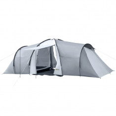 Cort camping, 4-5 persoane, material Oxford, impermeabil, cu copertina, geanta, gri, 590x245x193 cm