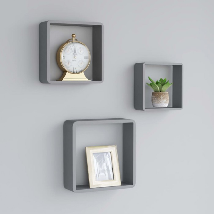 Rafturi cub de perete, 3 buc., gri, MDF