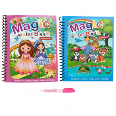 Set 2 carti de colorat cu apa, 8 pagini, Magic Book, reutilizabila, modele cu animale si printese, pentru fete si baieti, 3+