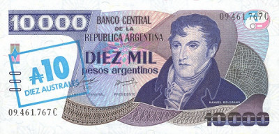 Argentina 10 Australes ND 1985 (overprint peste 10,000 Pesos) V19, P-322d UNC !! foto