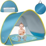 Cort de plaja cu piscina pentru copii, protectie UV, poliester, 56x56x3cm, albastru/galben