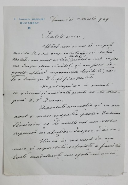 SCRISOARE DE CONDOLEANTE CATRE GENERALUL C - TIN ILASIEVICI , MARTIE , 1939