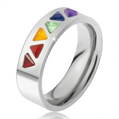 Inel lucios din oțel, pietre triunghiulare colorate - Marime inel: 65