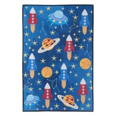 Covor Dreptunghiular pentru Copii, cu Model Spatiu Cosmic, Albastru, 60 x 90 cm foto