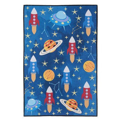 Covor Dreptunghiular pentru Copii, cu Model Spatiu Cosmic, Albastru, 60 x 90 cm foto