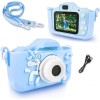 Aparat foto digital pentru copii, cu husa de silicon, model unicorn, cablu USB, bareta de transport, cu jocuri si diverse cadre foto, albastru