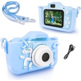 Aparat foto digital pentru copii, cu husa de silicon, model unicorn, cablu USB, bareta de transport, cu jocuri si diverse cadre foto, albastru