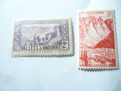 2 Timbre Andorra 1932 - Peisaje : 2c si 3f , urma sarniera foto