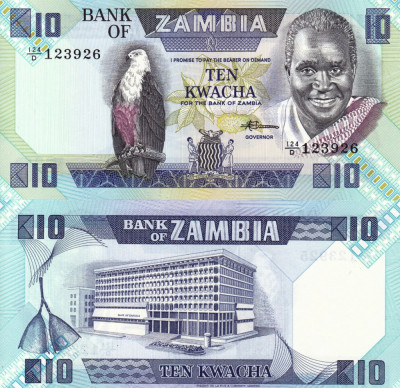 ZAMBIA 10 kwacha ND 1980-88 UNC!!! foto